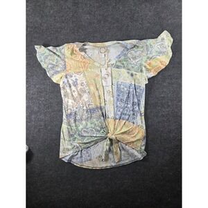 Tru Self Womens XL Patchwork Paisley V-Neck Flutter Sleeve Tie Front Top Green